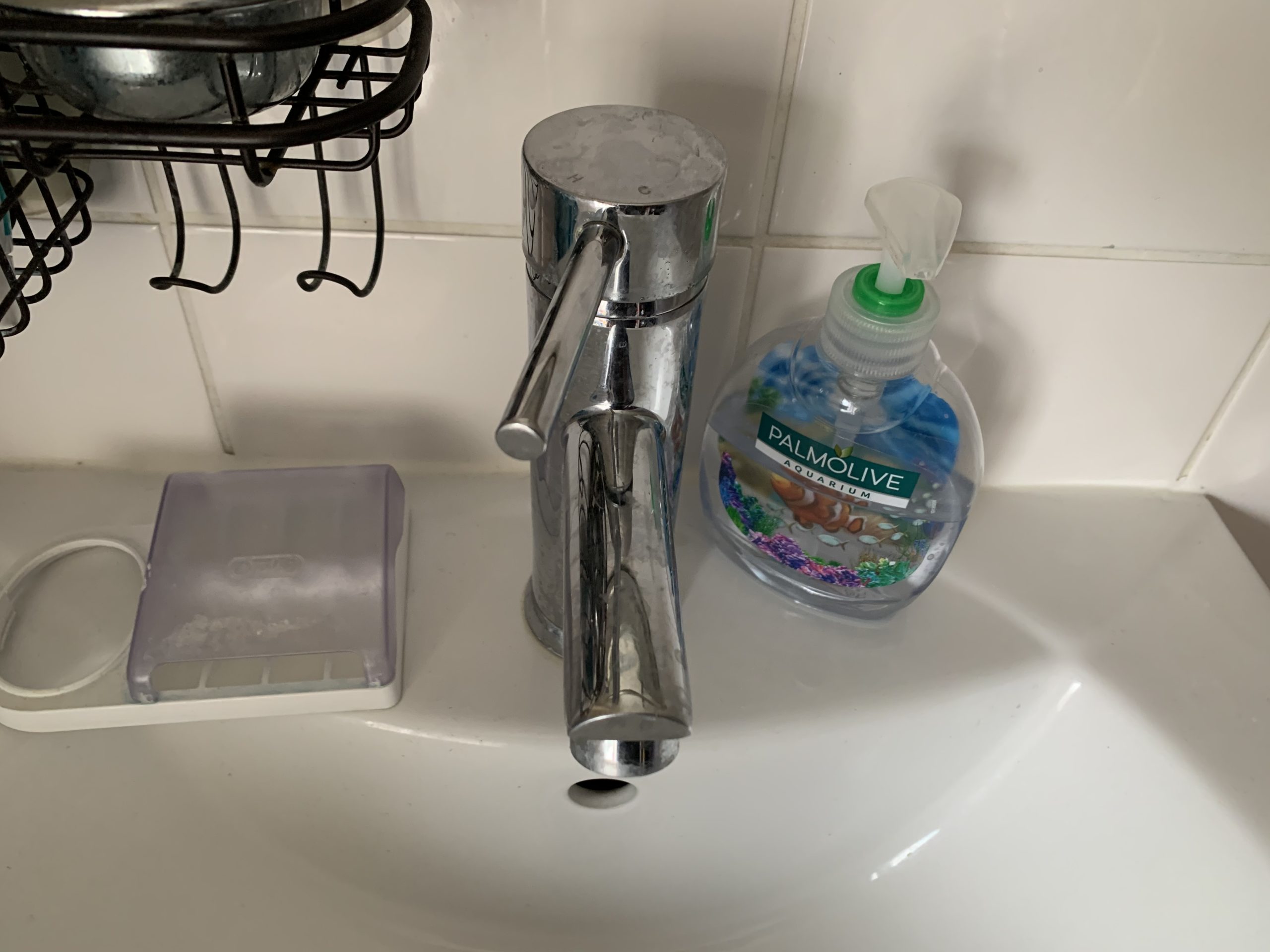 Photo showing monobloc mixer bathroom tap with liquid hand soap beside it.