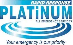 Plumbers In London Platinum Emergency Services Ltd company logo. Rapid response Platinum all emergency services is written in blue with a white background.